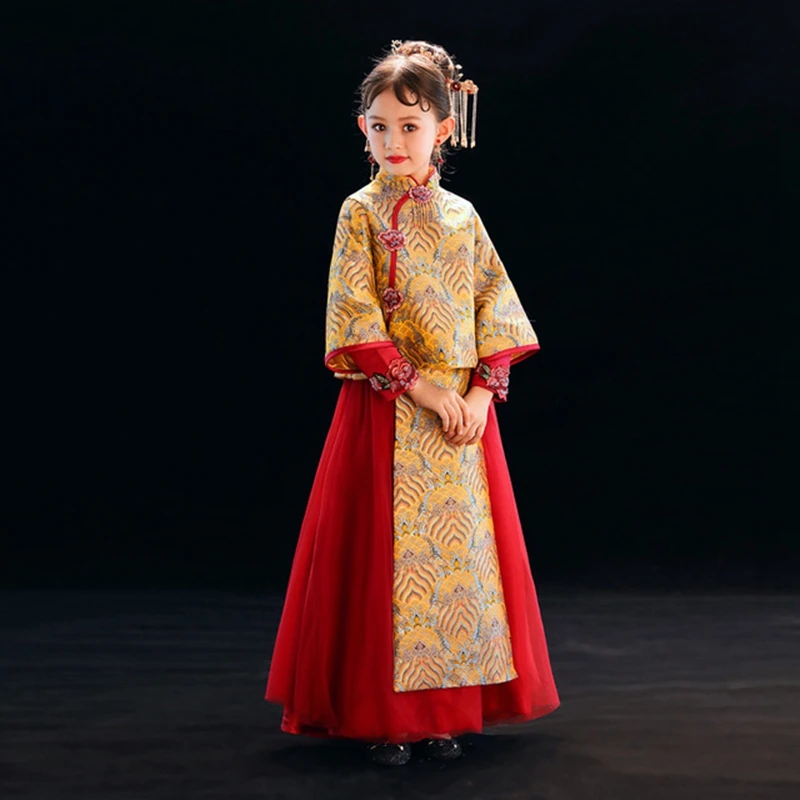 Платье принцессы с цветочным узором для девочек; Детские платья в китайском стиле на свадьбу, день рождения, вечеринку для девочек; Детский костюм; подростковый Выпускной дизайн