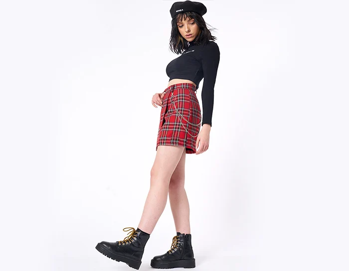 Aelfric Vintage Red Plaid Mini Skirts Chain Womens Fashion Harajuku Casual Streetwear Hip Hop Femme Short Straight Skirts