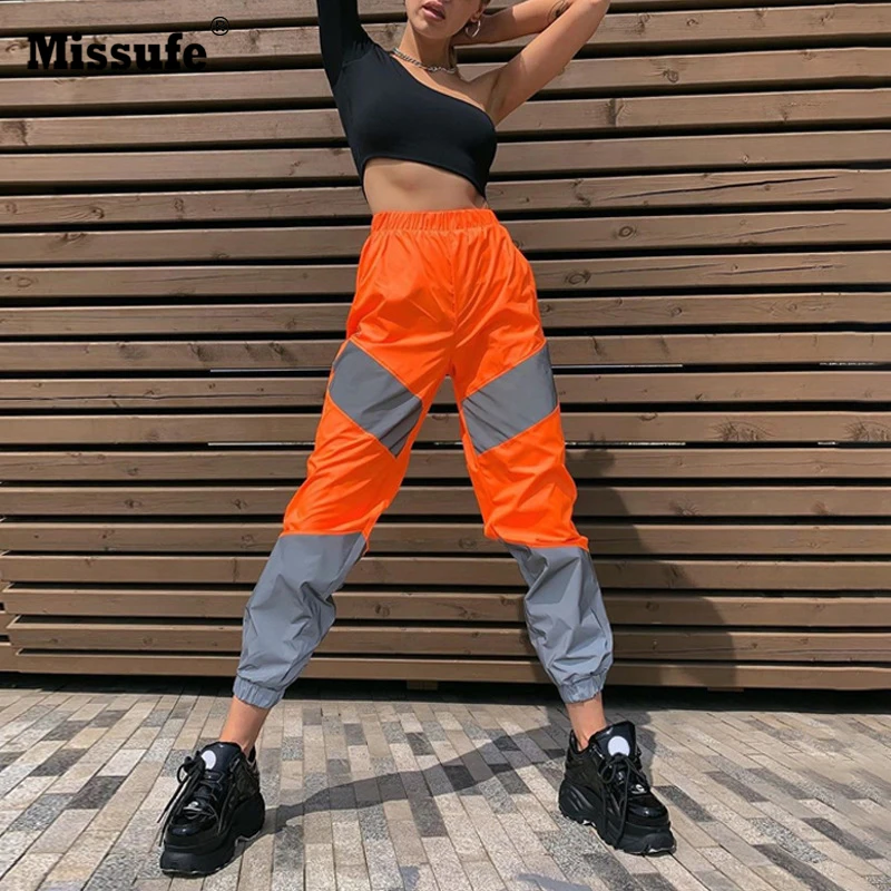 Cena Missufe nowy Flash łączone odblaskowe sportowe spodnie 2019 jesień zima kobiety na co dzień niebieski różowy pomarańczowy Streetwear spodnie typu Casual