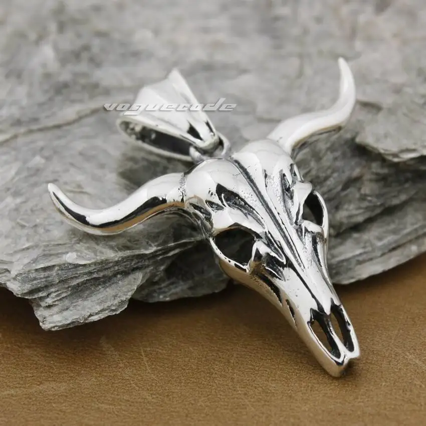 

925 Sterling Silver Skull Bull Pendant Mens Biker Pendant 8B004