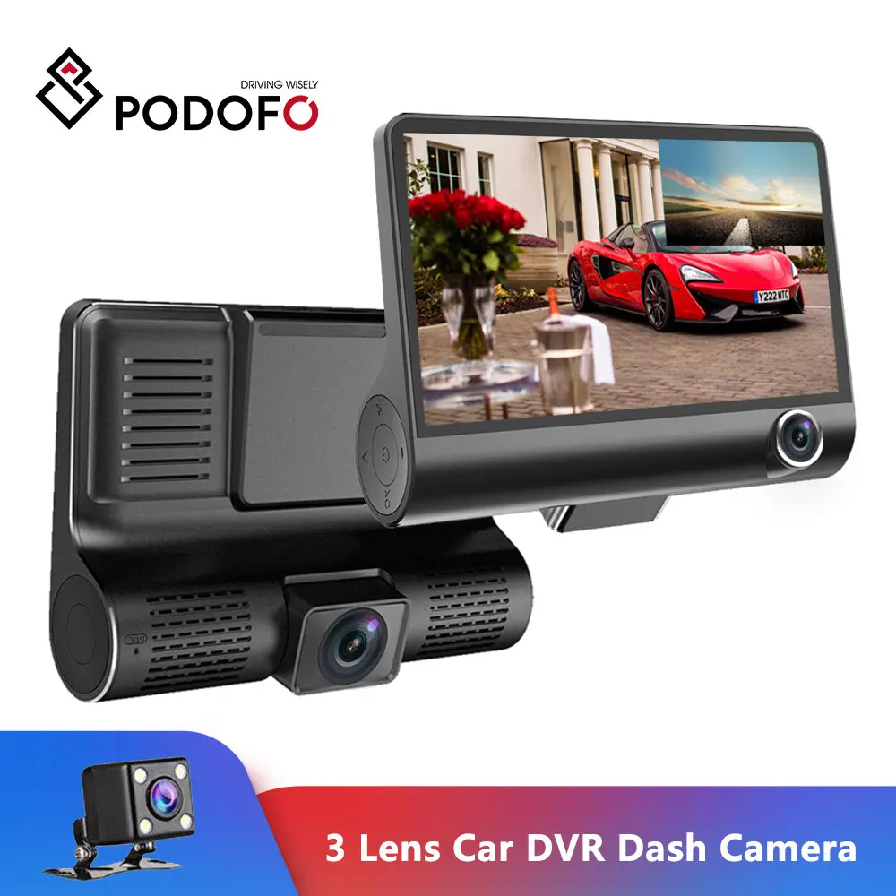Podofo 4 ''трёхполосная Автомобильная камера три объектива видео регистратор видеорегистратор g-сенсор Авто Dashcam DVR рекордер вождения