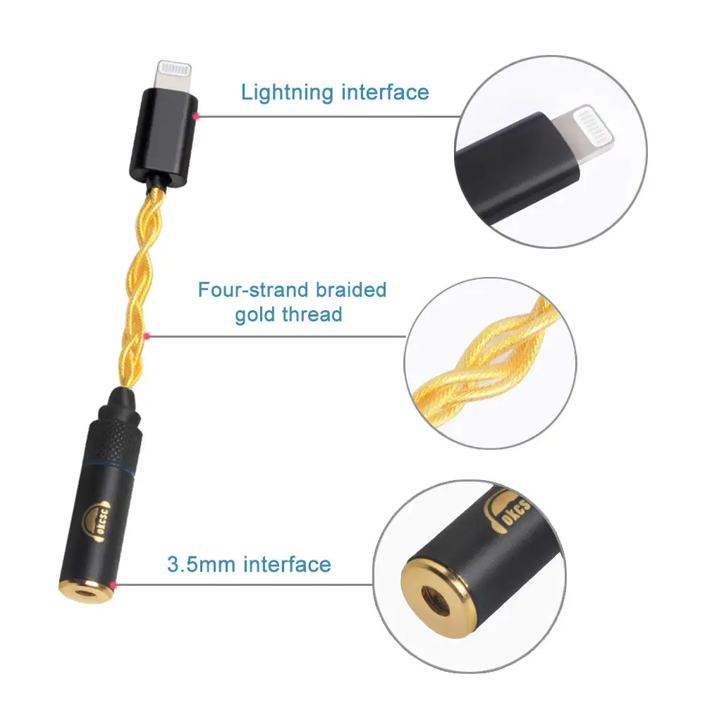 Кабель-адаптер OKCSC для Iphone Lightning Male-3,5 мм Интерфейс Аудио Женский 4 ядра позолоченная Совместимая система IOS
