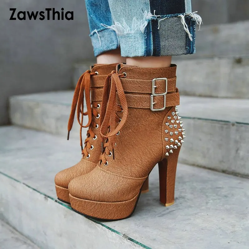 ZawsThia camel-zapatos de tacón alto con plataforma punk mujer, botines con bucke y remaches, grande 48, color negro - AliExpress Calzado