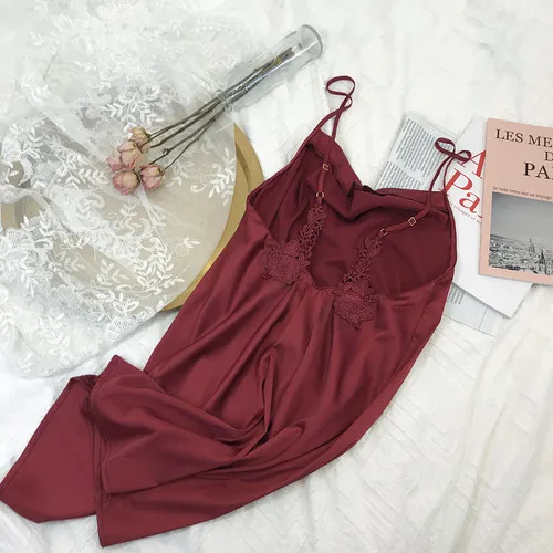 Women Embroidery Sexy Sleepwear Backless Nightdress Young Women Nightgowns Thin Ice Silk Lace Sling Sleeping Dress Night Gown - Цвет: A