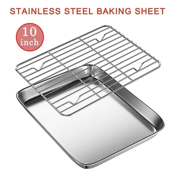 

10 Inch Toaster Oven Tray and Rack Set, Small Stainless Steel Baking Pan with Cooling Rack,Dishwasher Safe Baking Sheet
