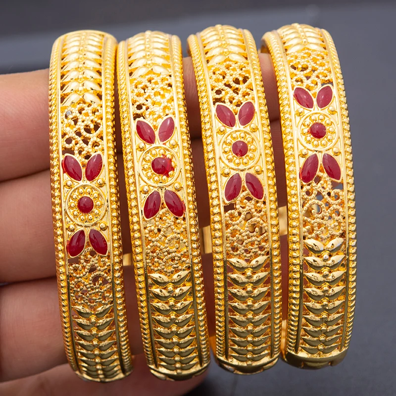 

4pcs/Set Dubai Red Gold Color Bracelet Bangles For Women Wife wedding Two-color Bangles France Africa India Handmade Jewelry