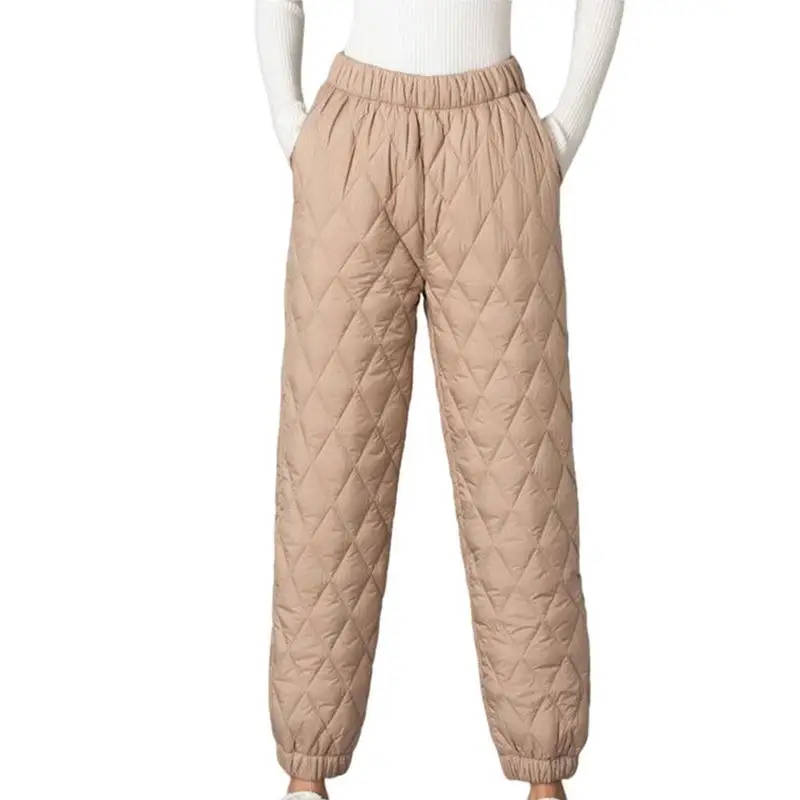 Women Winter Warm Down Cotton Pants Padded Quilted Trousers Elastic Waist Casual Trousers
