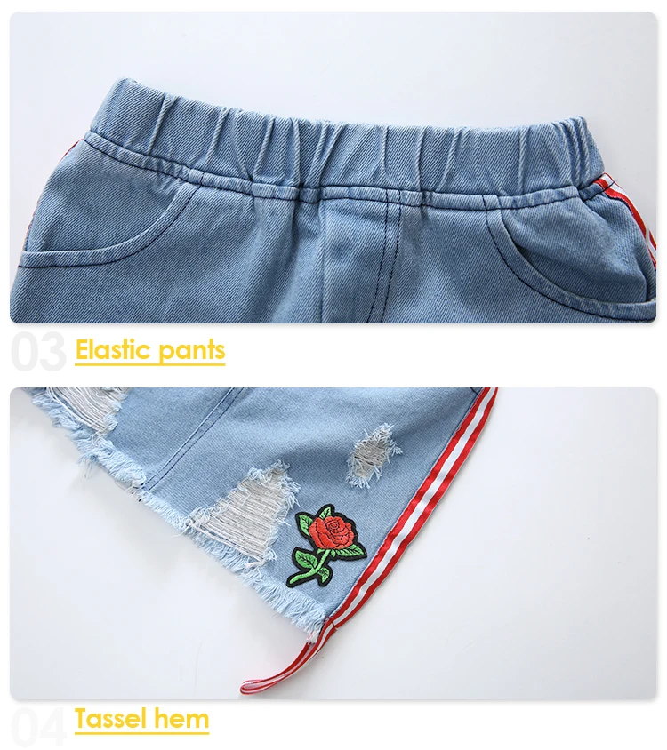 5-14 Years Old Kids Clothes 2 Piece Embroidery Rose Designer Children White Two Piece Short T-Shirt And Denim Kids Skirt Set