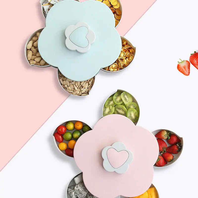 Creative Plastic Floral Rotate Open Dried Fruit Flower Plate Candy Snack Plates Pink and Blue