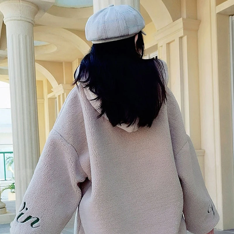 Faux Lambs Wool Hoodies Sweatshirts Women Hooded Long Sleeve Pocket Letter Autumn Winter Pullovers Warm Oversized Outwear W245