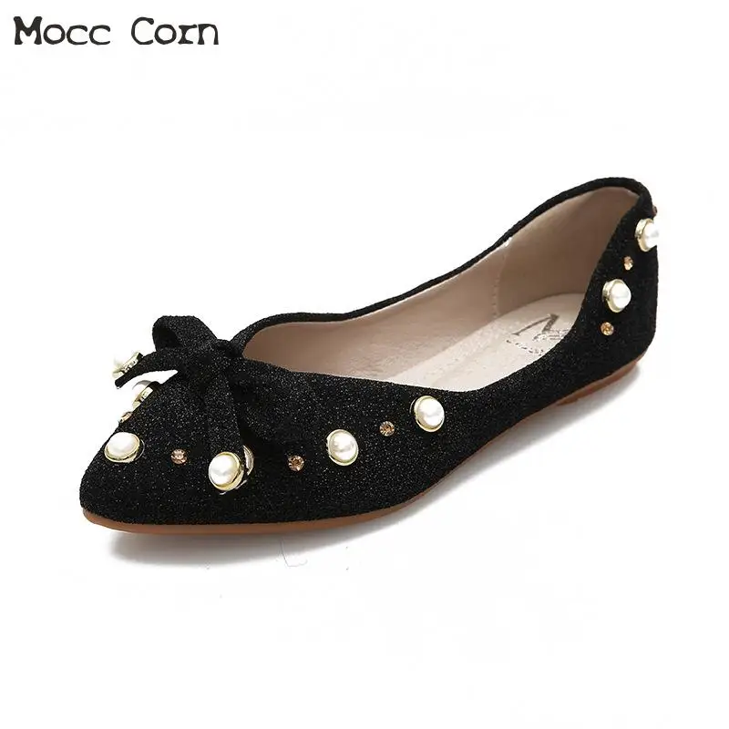 

Plus Size 34~43 Women Pearl Flat Shoes Bling Glitter Slip On Loafers Pointed Toe Bow Ballet Flats Breathable Ballerina Shoes