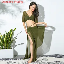 Сетчатый Красный Зеленый сексуальный прозрачный женский костюм для танца живота 2 шт. длинная юбка одежда для Танцовщица команда танец живота Одежда для танцев