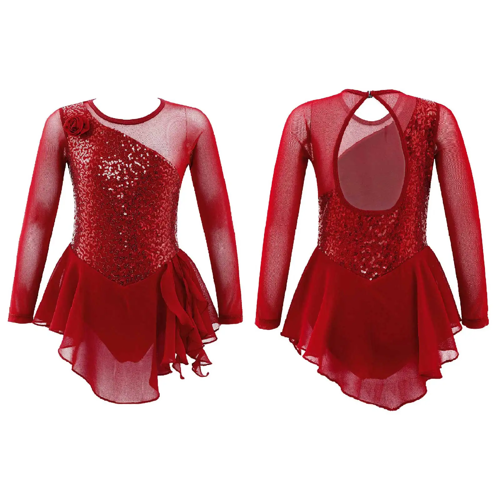 Girls Figure Ice Skating Dress Sparkly Sequin Gymnastics Dance Ballet Tutu Leotard Kids Long Sleeve Mesh Splice Dance Costume