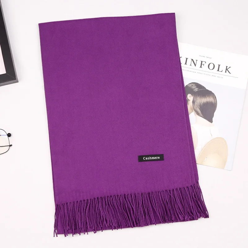 PLIKTEA, сплошной цвет, кашемировый шарф для женщин, зимнее шерстяное пончо, Женская шаль, шерстяная, мужская, женская, Мериносовая хиджаб, шарф для женщин, Пашмина - Цвет: Темно-фиолетовый