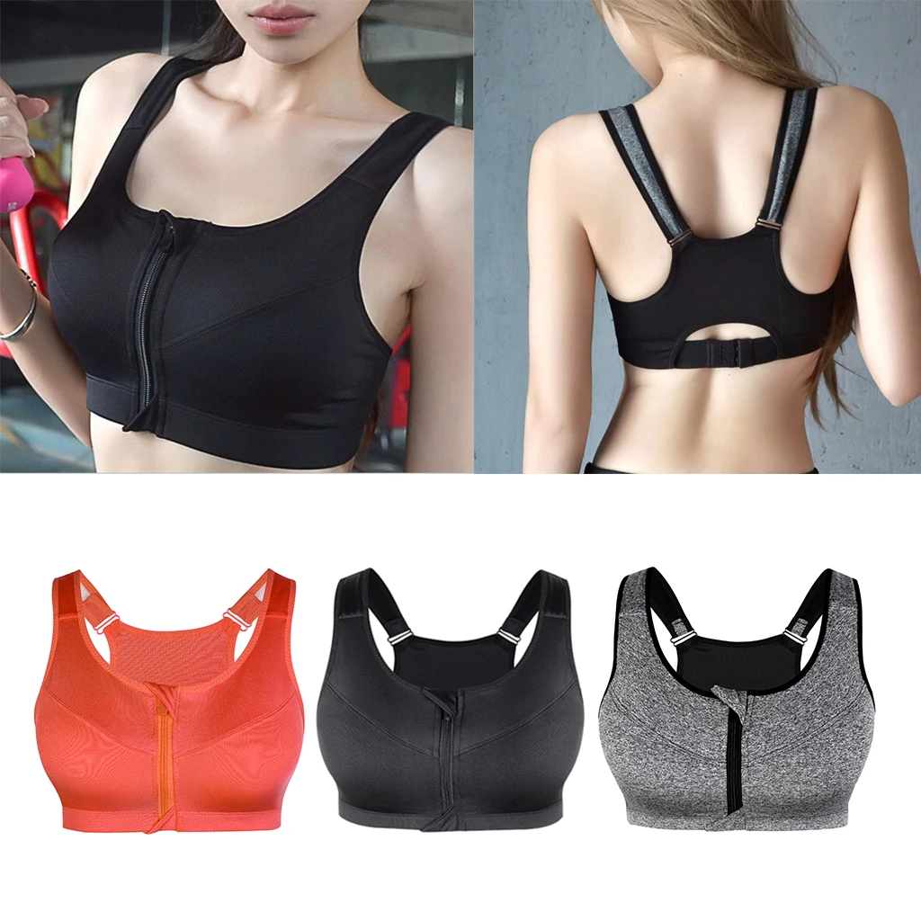 Womens Front Zip Sport Bra High Impact Support Workout Yoga Shock Absorber Adjustable Straps Push Up Bra Seamless Fitness