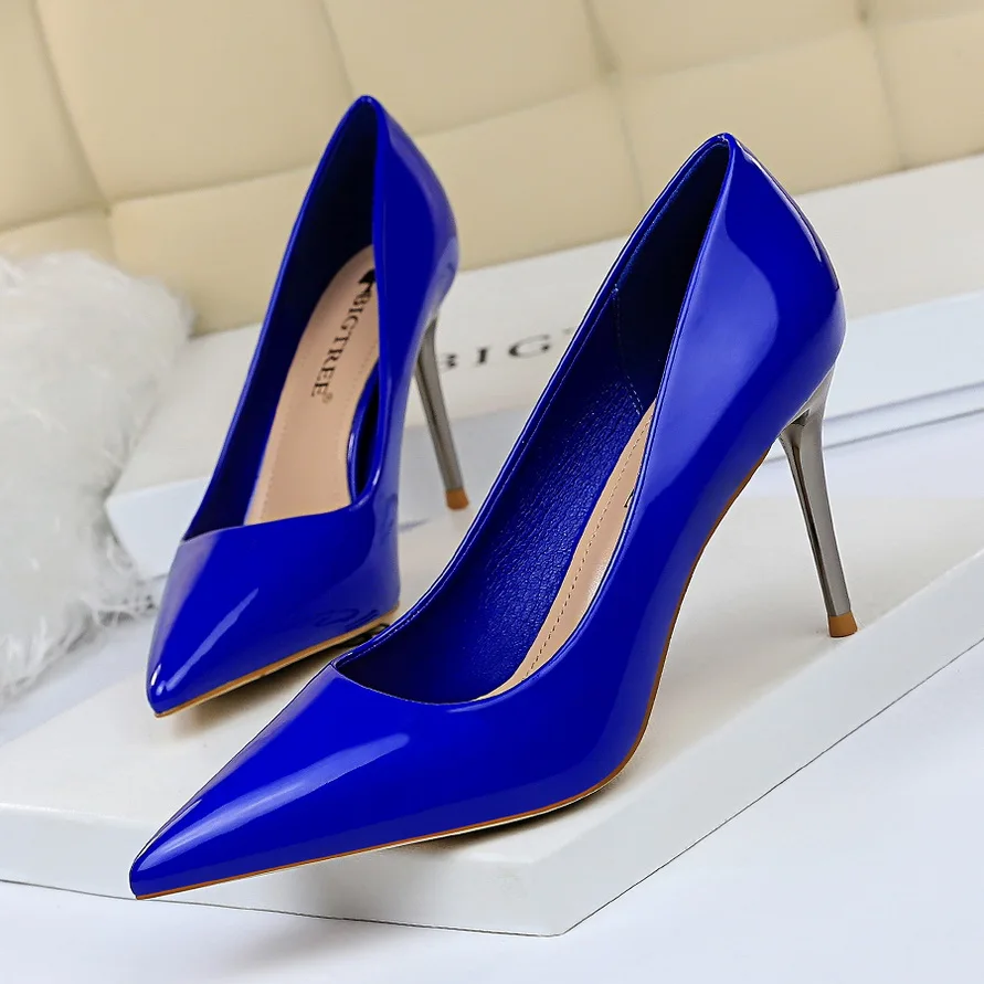 

BIGTREE New Metal Heel Shoes Women Patent Leather Thin High Pumps Heeled Elegant High Heels Pointed Fashion Ladies Shoes 9236-2