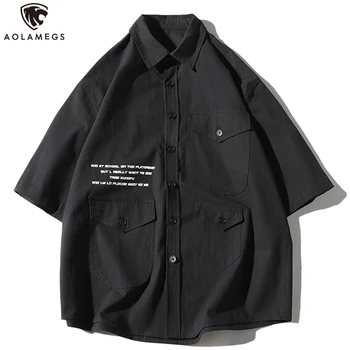 

Aolamegs Men Shirt Multi-Pocket Solid Color Thin Cargo Shirts Harajuku Cotton Casual Loose Short Sleeve Shirts Summer Streetwear