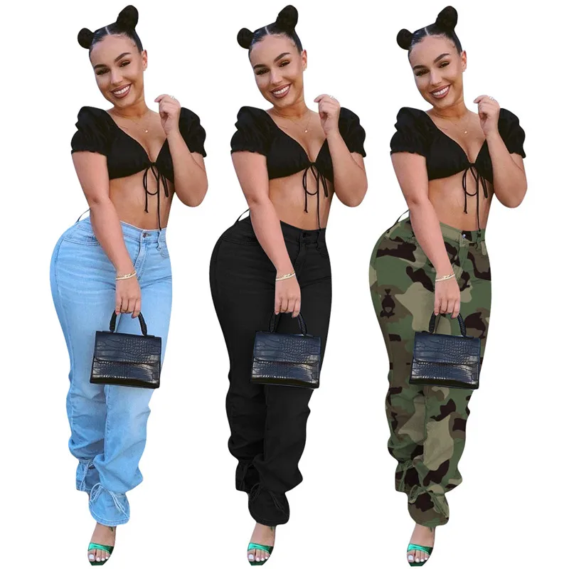 

Camouflage Stacked Jeans Women 2020 Winter bell bottom Stretch Loose Casual Baggy Pants Overalls Denim Cut Cargo Pants Trousers