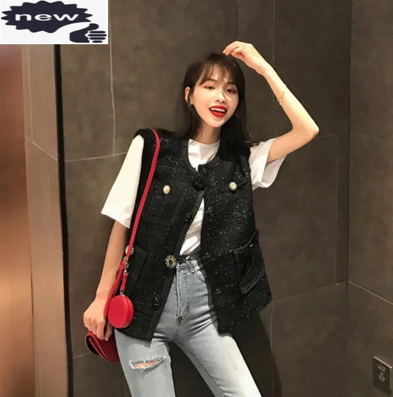 

British Spring Autumn New Womens Tweed Waistcoats Chic Button Single Breasted O-Neck Female Loose Sleeveless Vests Streetwear