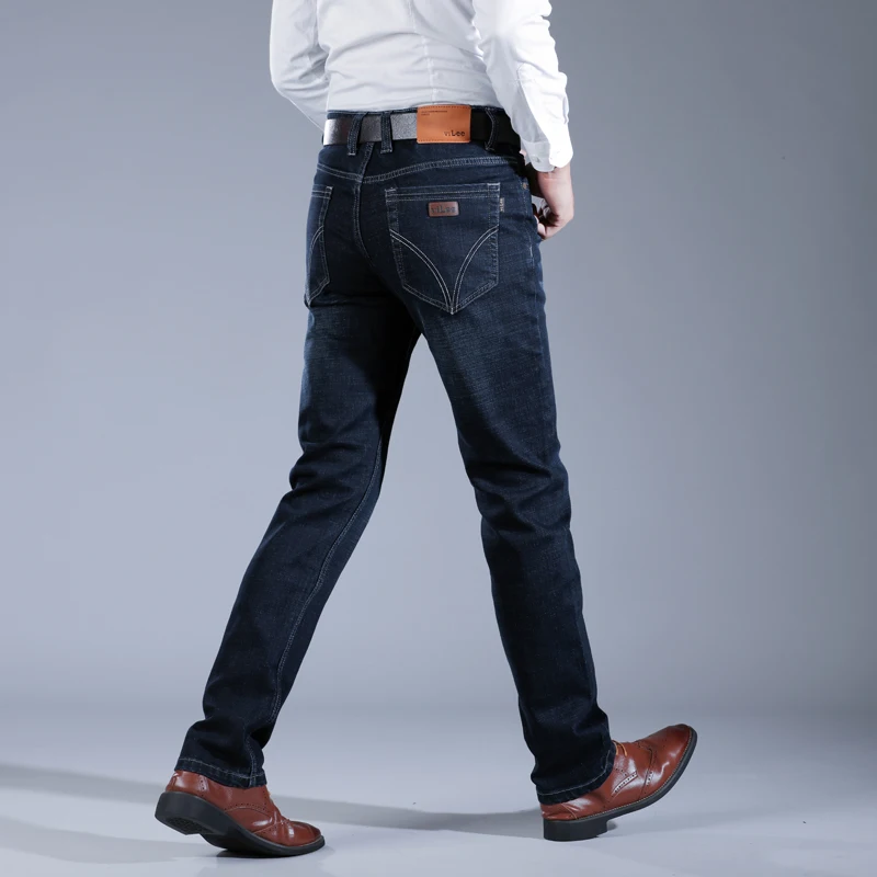 Popular Men's Stretch Jeans Business Casual Classic Style Trousers Blue Straight Denim Pants Male Fashion Simple Pant Slim Fit  Straight