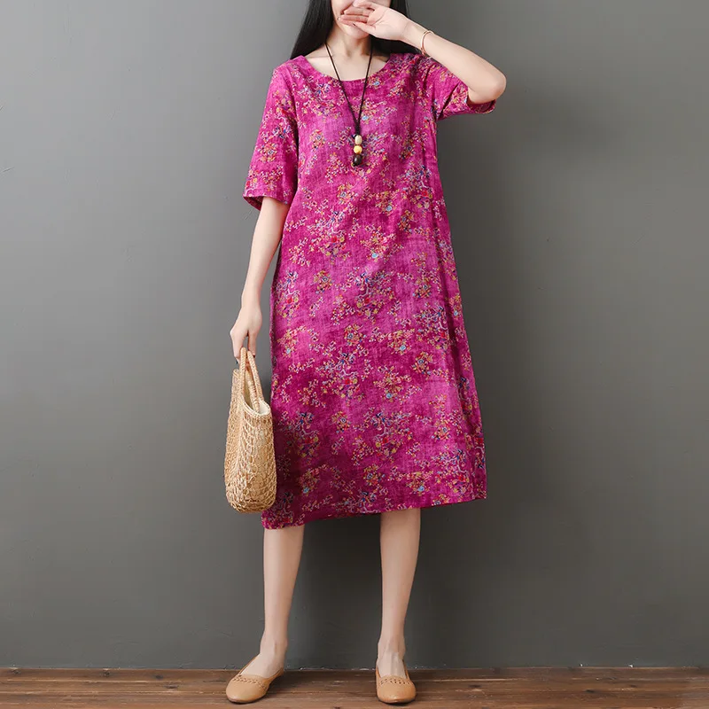 

2019 Summer New Style Large Size Dress National Wind Printed Cotton Linen Loose-Fit Mid-length Floral-Print Dress