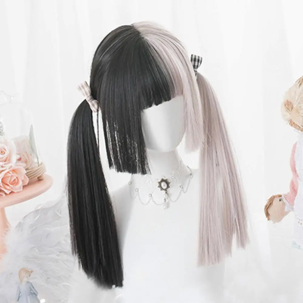 

Cosplaysalon H762469S Lolita 48CM Long Straight Black Mixed Ash Pink Ombre Fringe Bangs Cute Party Synthetic Cosplay Wig