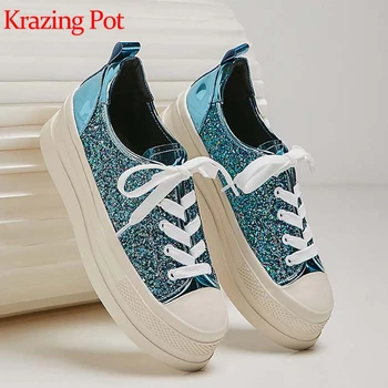 

krazing pot sequined cloth natural leather waterproof loafers lace up sneakers round toe bling shiny cozy vulcanized shoes L89