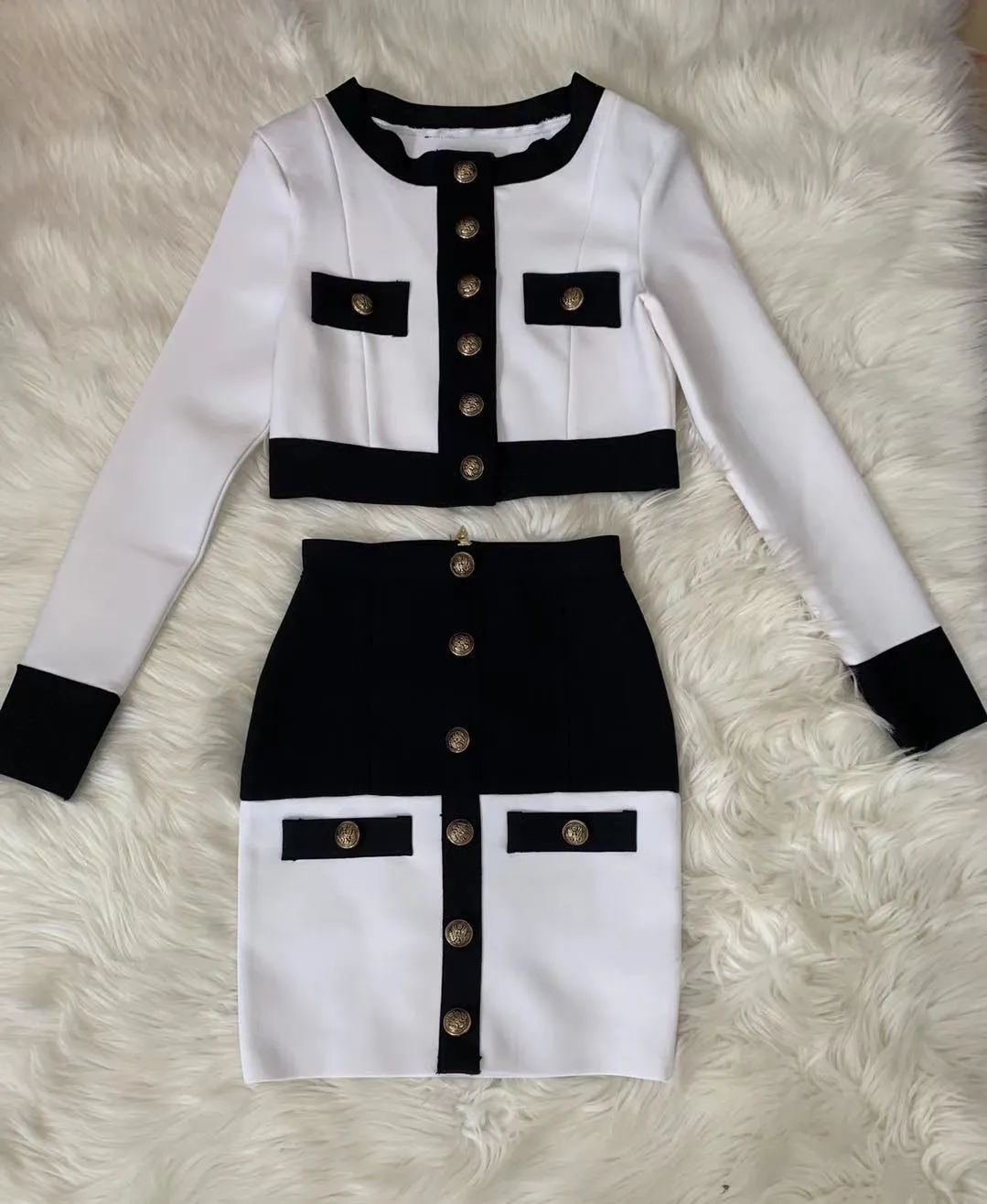 2021 New High Street Summer Patchwork 2 Two-Piece Set O-Neck Long Sleeve Pocket Button Mini Bandage Dress Female Short Set 5
