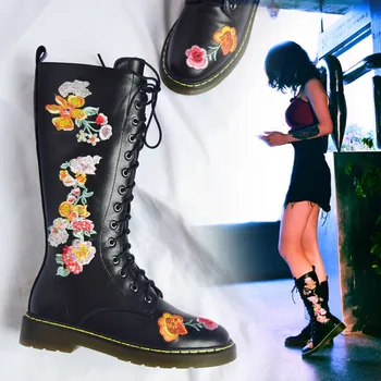 

cool lady black leather flower embroidered flat lace up high boots flat woman knee high lace up boots