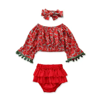 

3-24m Summer Infant Newborn Baby Girl Clothes Watermelon T-Shirt Long Sleeve Clothes Shorts Ruffles Headbands 3pcs Outfit