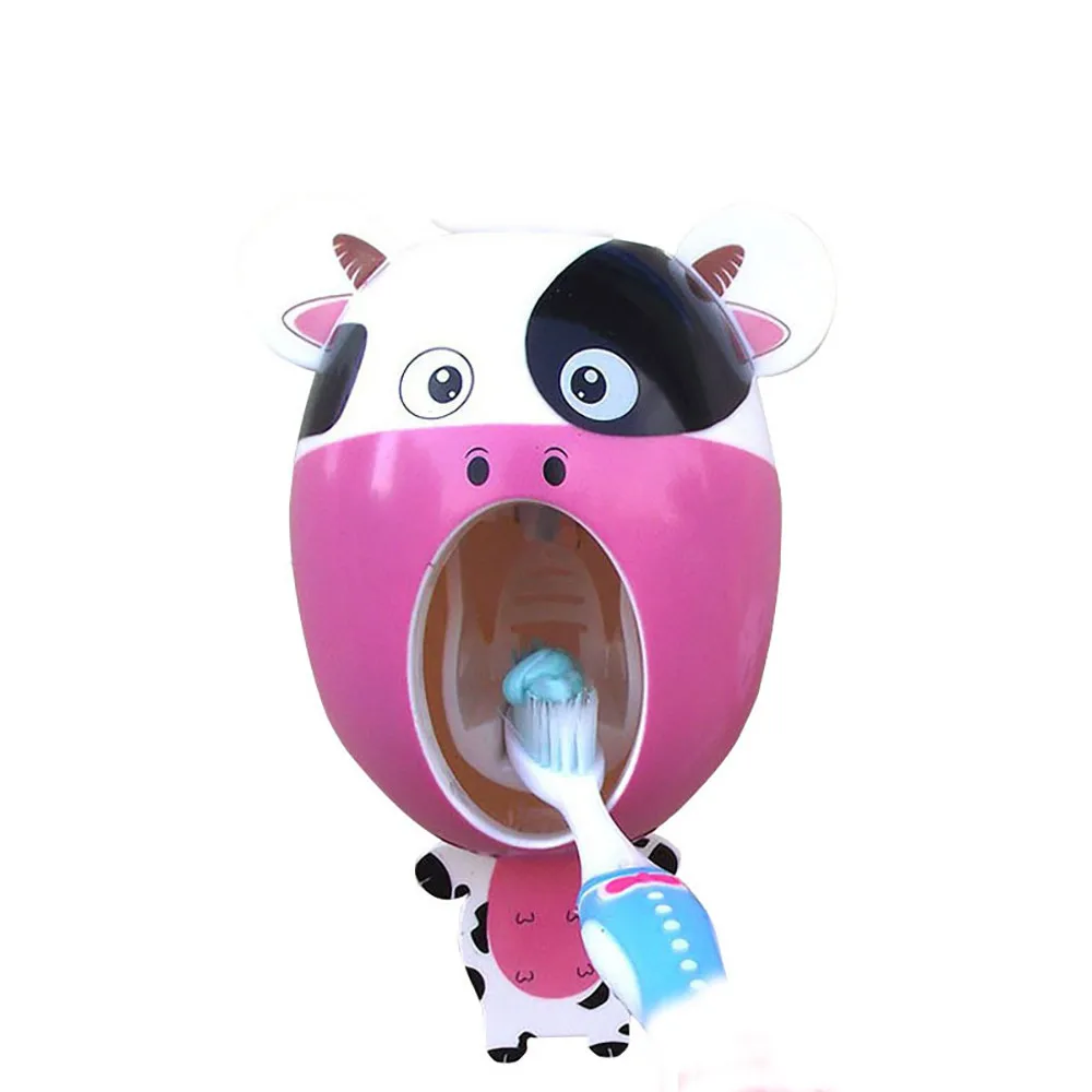 Детский автоматический диспенсер для зубной пасты, держатель, Мультяшные аксессуары для ванной комнаты, набор зубных щеток, настенный стеллаж, набор инструментов для ванной комнаты - Цвет: cow