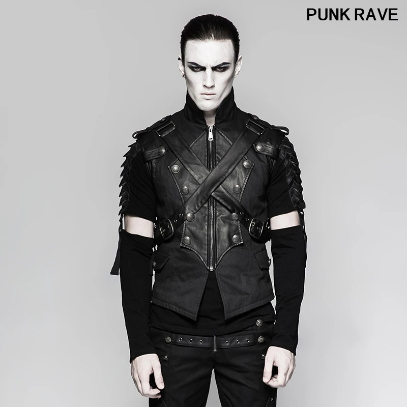 

Punk Handsome Stage Performance classic Black Vest Gothic Military Uniform Cross Belt Faux Leather cool Men Vest Punk Rave Y-738