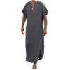 Men Ethnic Robe with Pocket Short Roll-up Sleeve Solid Color V-neck Kaftan Muslim Jubba Thobe S-5XL