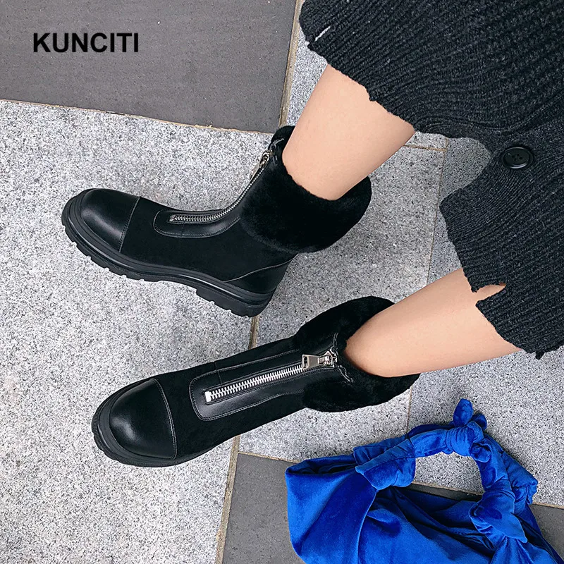 Г., KUNCITI/Лоскутные зимние ботинки с круглым носком, украшенные кроличьим мехом, с защитой от холода женские Теплые ботильоны на молнии Новинка, D9249