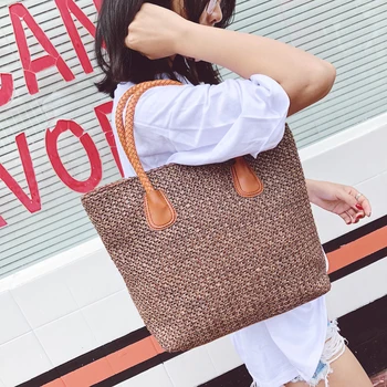 

Simple Straw Handbag Women Boho Woven Handbag Tote Shoulder Bags Summer Beach Casual Straw Wicker Bag Large capacity