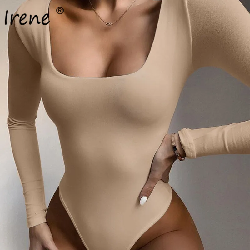 Body Sexy para mujer, mono básico informal blanco y negro de manga larga, Tops de cuerpo entallado con cuello cuadrado, peleles para mujer