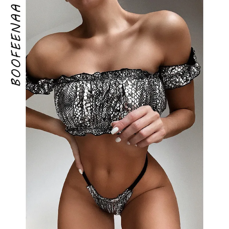 

BOOFEENAA Silver Snake Skin Sexy Bikini 2020 Summer Off Shoulder Ruffle Crop Top 2 Piece Set Swimwear Women Bathing Suit CY8AZ44