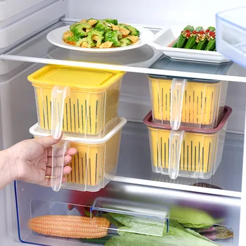 

Kitchen Storage Transparent Food Container with Drain Basket Multi-capacity Household Fruits Vegetables Storage Box