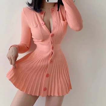 

Spring 2020 long sleeve knitted dress slim and sweet single breasted Pleated Dress with waist closed sexy orange