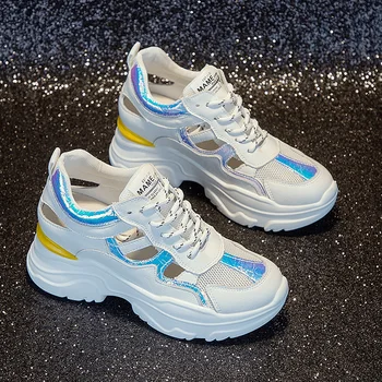 

Leather Small White Shoes Female Increased 8CM Summer 2020 New Wild Hollow Mesh Breathable Sports Casual Daddy Shoes Platform