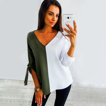 

Fashion Patchwork Pullover Blouses For Women New Elegant Bandage Half Sleeve V-neck Loose Tops Casual Shirts Ladies Autumn 2020