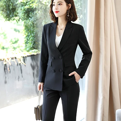 Black Pant Suit Повседневные женские брючные костюмы осень-зима, блейзер с воротником, куртка и комплект брюк длиной до щиколотки, костюм розовый, красный, черный - Цвет: Black Pant Suit
