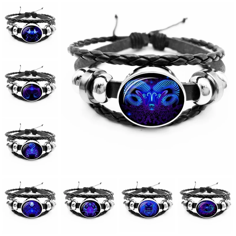 

2020 New Blue 12 Constellation Glass Convex Round Snap Button Black Hand-made Bracelet Personalized Bracelet Jewelry