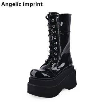 

Angelic imprint mori girl Women motorcycle cool punk boots lady lolita middle Boots woman high heels pumps shoes zipper lace up