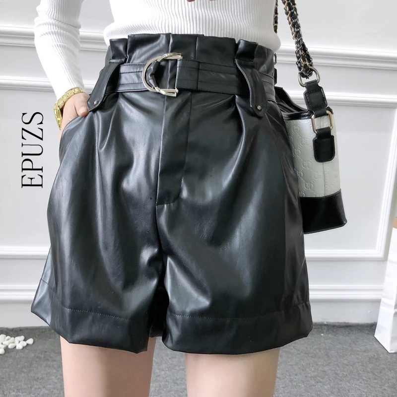 

Vintage punk high waisted shorts women belt Faux Leather Shorts casual black biker mini shorts Streetwear korean sexy shorts