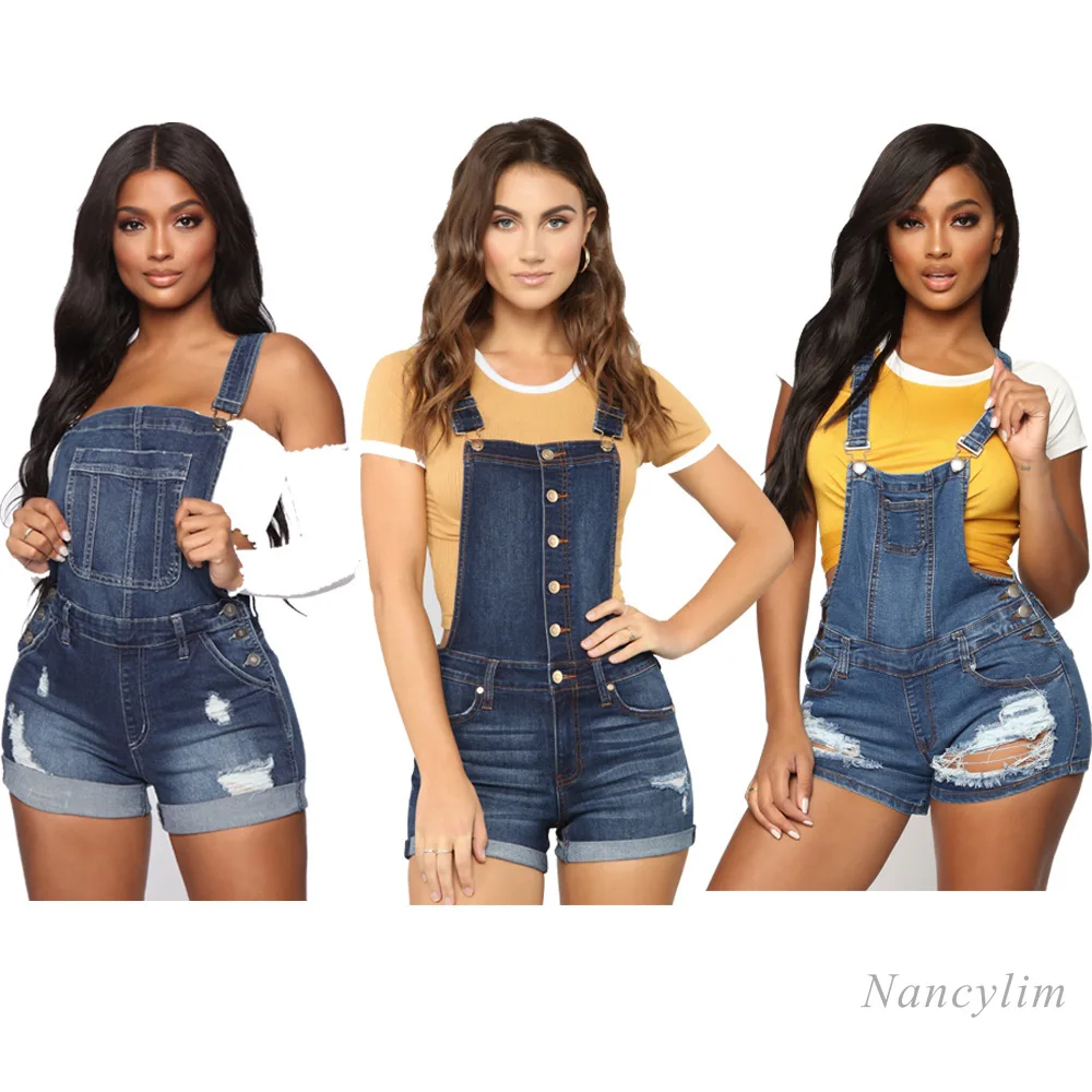 

2020 Shoulder Strap Denim Jeans Shorts Female European and American Stretch Ripped Denim Shorts Loose