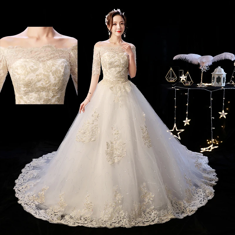 Wedding Dress 2020 Elegant Boat Neck Train Princess Bride Gowns Champagne Lace Vestidos De Novia | Свадьбы и торжества