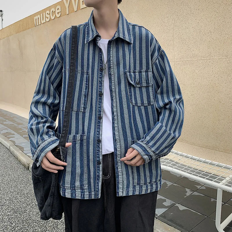 Striped multi-pocket denim shirt jacket 2021 spring and autumn men's tooling all-match loose collar jacket Mens Jean Coat
