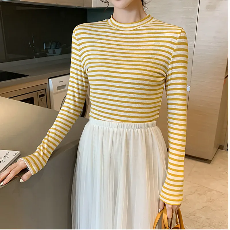 Цвет: желтый BOBOKATEER Winter Long Sleeve T shirt Women Tshirt Vintage Stripe Shirt Clothes Women Tops Stretch Cotton Tee Shirt Spring - Цвет: Цвет: желтый
