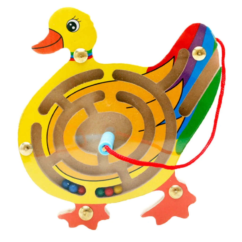 Wooden Puzzles Magnet Beads Slot Maze Board Game Magnetic Pen Labyrinth-Duck